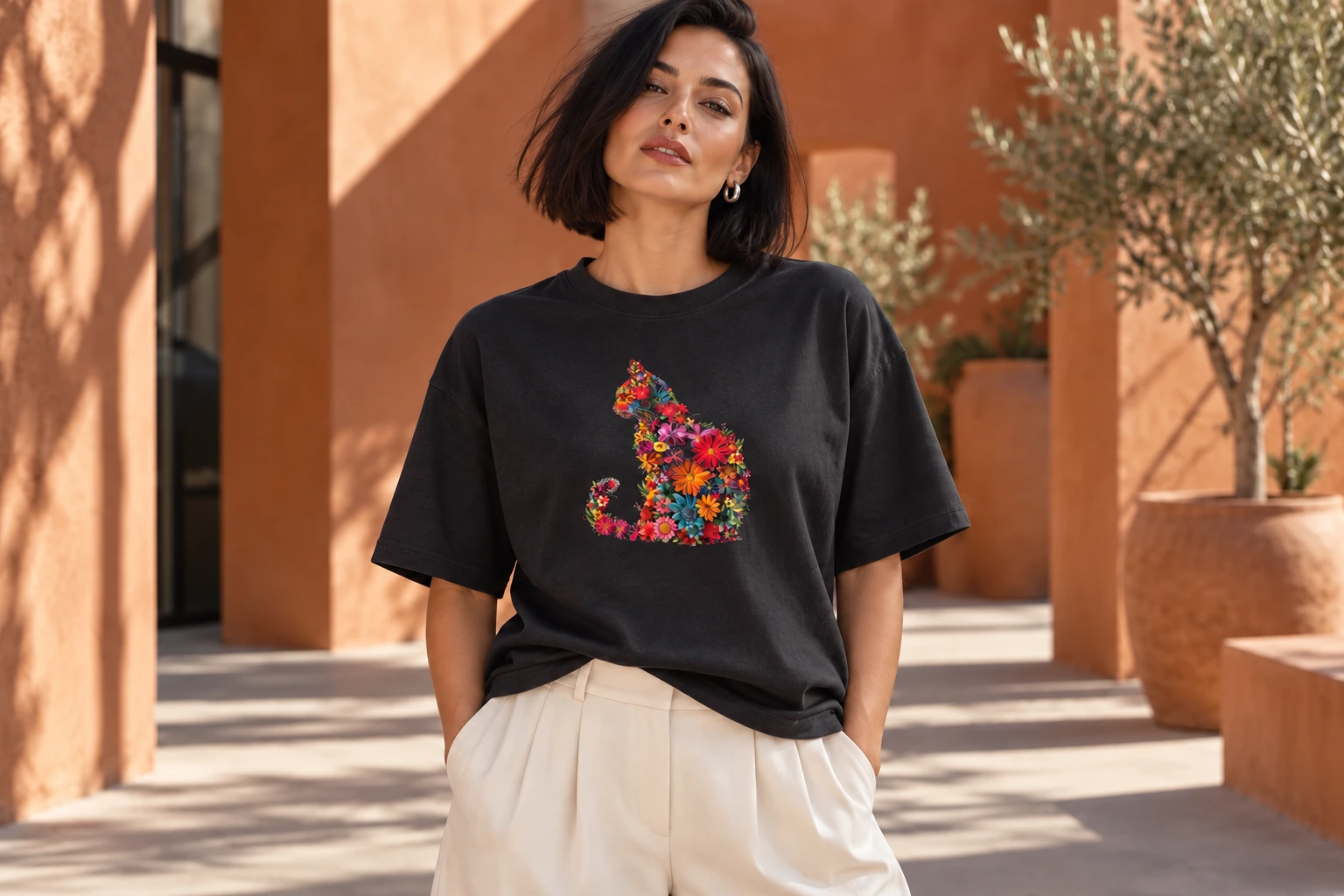 Woman wearing a colourful floral cat transfer on a charcoal T-shirt