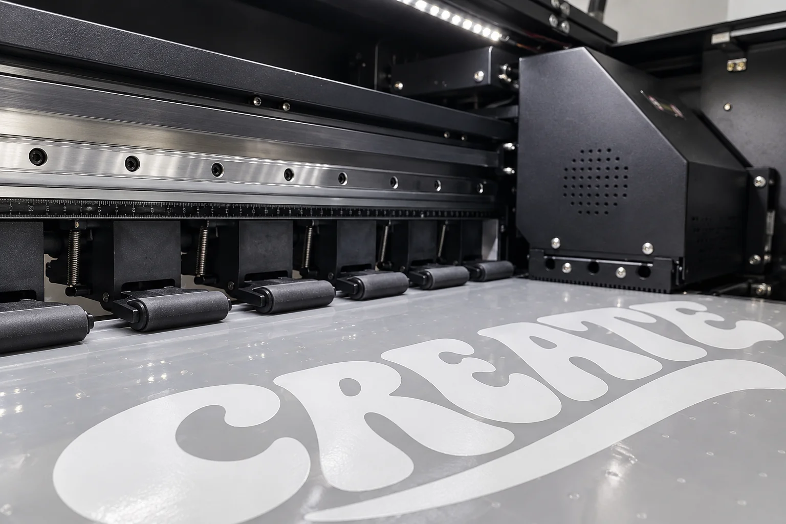 Close-up of DTF printhead and white ink typography on transfer film