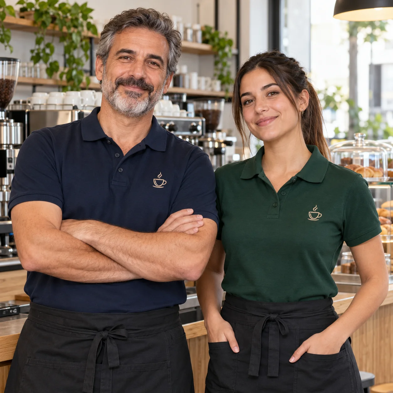 Café team with matching coffee cup chest logos